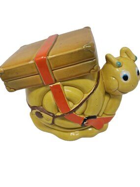 Vintage 1970 Cookie Jar Smiling Snail Suitcase Luggage Japan Harvest Gold Orange